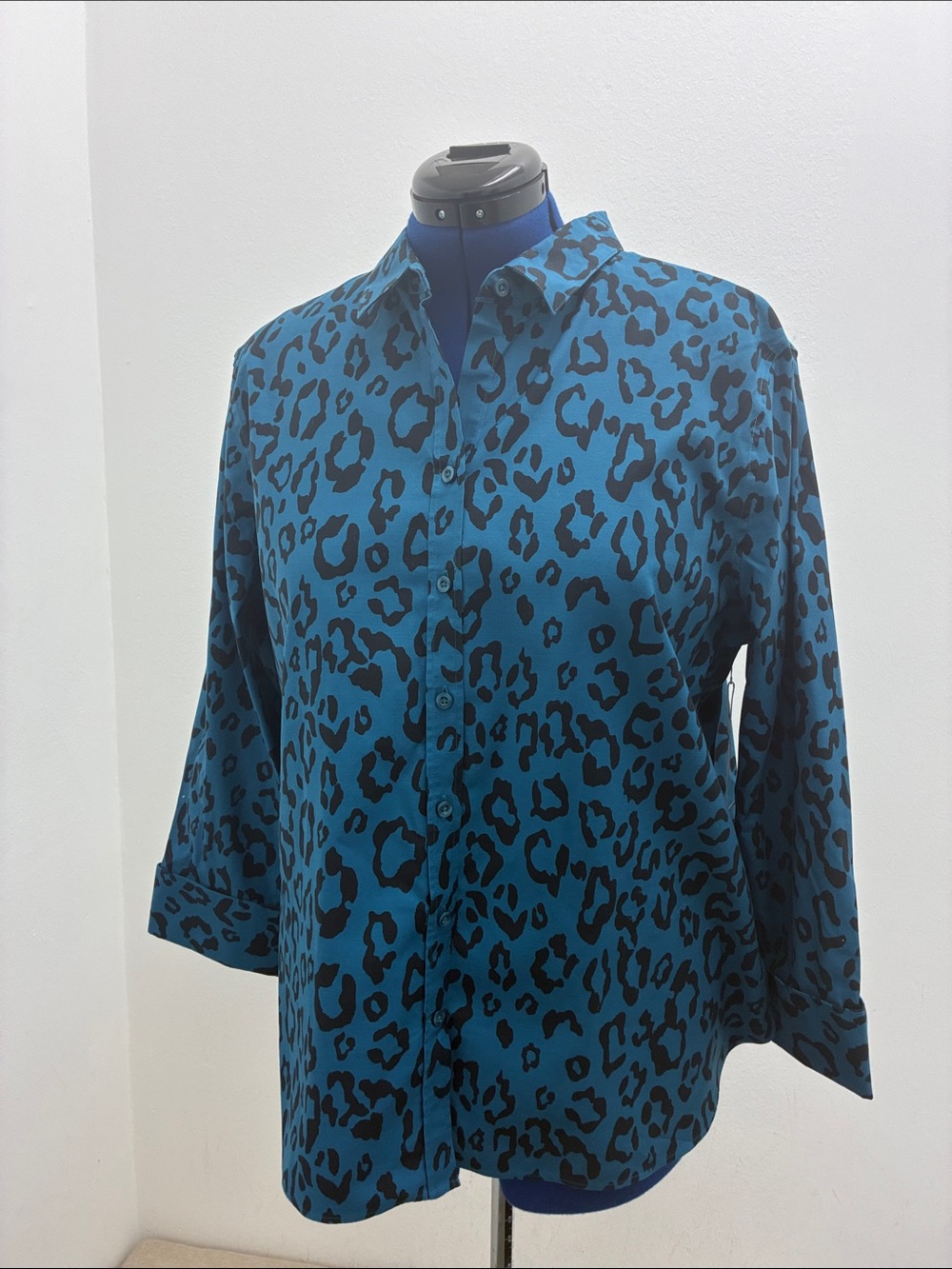 Chico's Teal and Black Leopard-Print Button Down Shirt